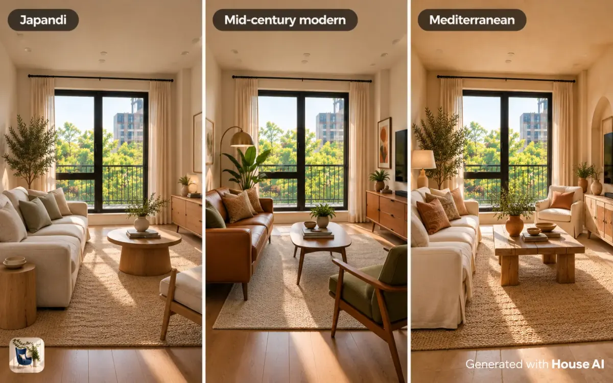 The same empty living room furnished in Japandi, mid-century modern, and Mediterranean styles, side by side