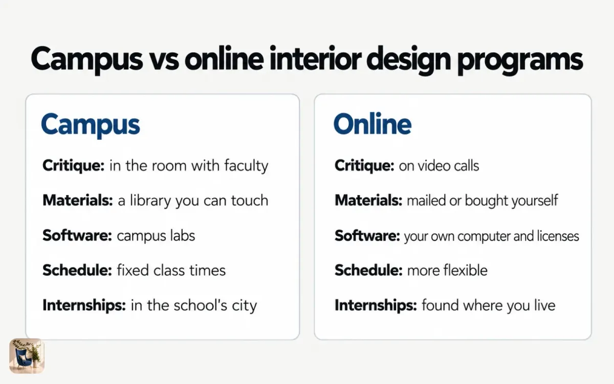 Diagram comparing campus and online interior design programs across critique, materials, software, schedule, and internships