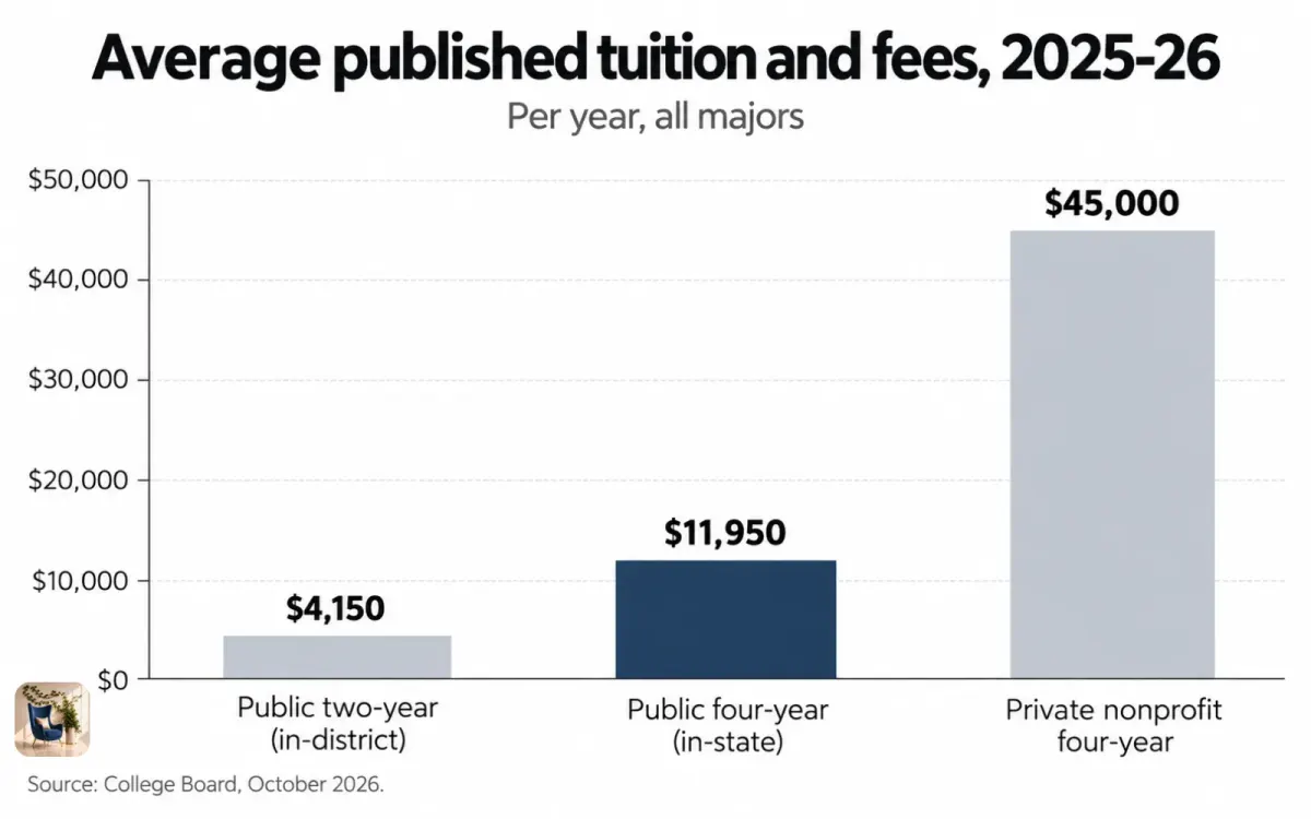Bar chart of average 2025-26 tuition and fees, from $4,150 at public two-year colleges to $45,000 at private nonprofits