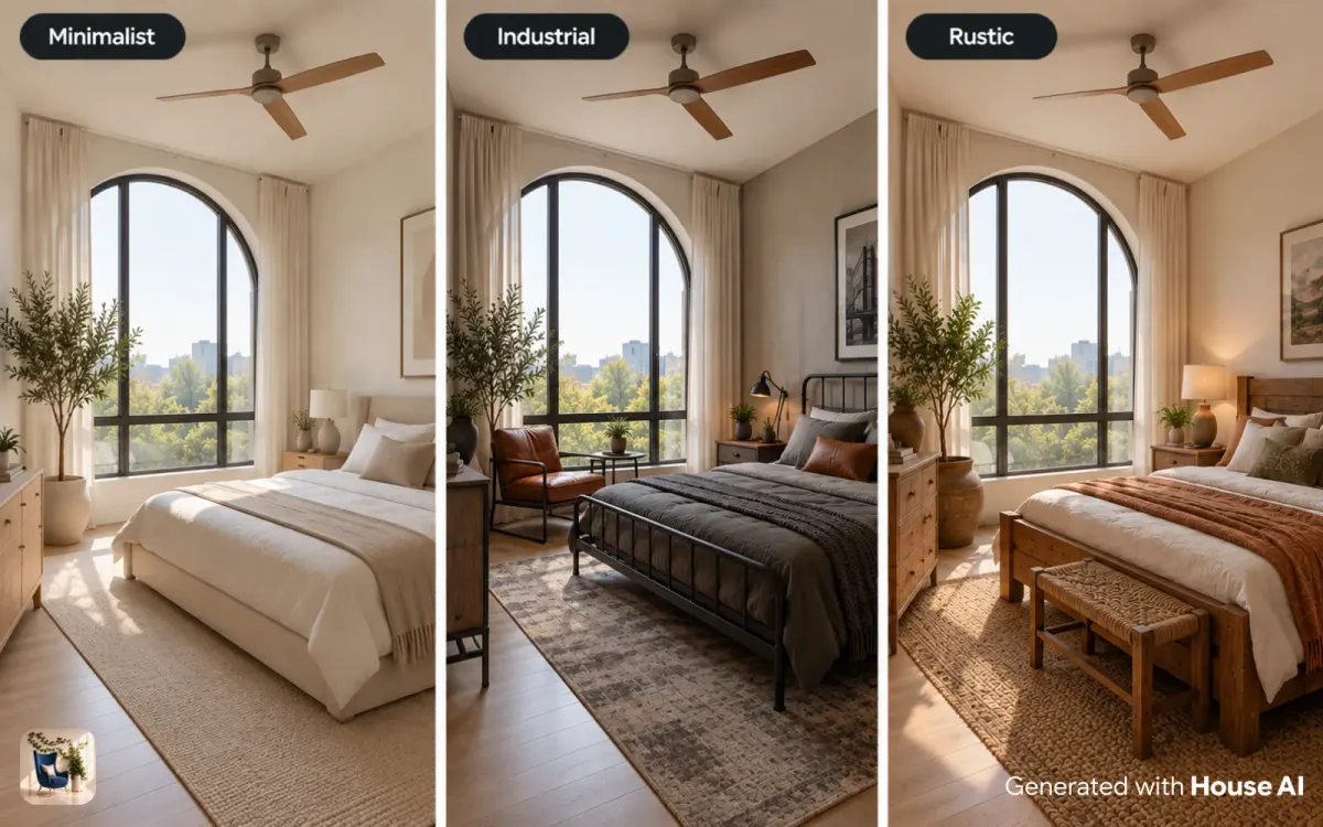 The same bedroom redesigned in minimalist, industrial, and rustic styles, side by side