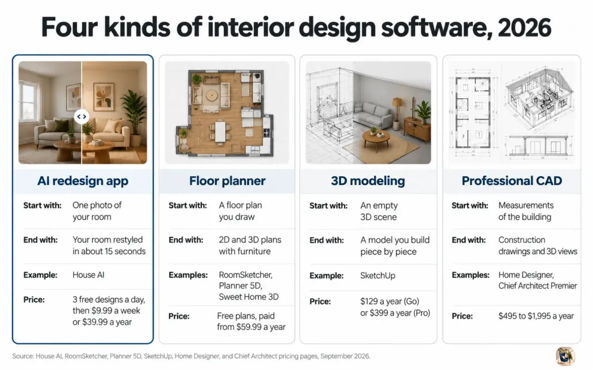 Diagram of four kinds of interior design software, from AI redesign apps to professional CAD, with 2026 prices