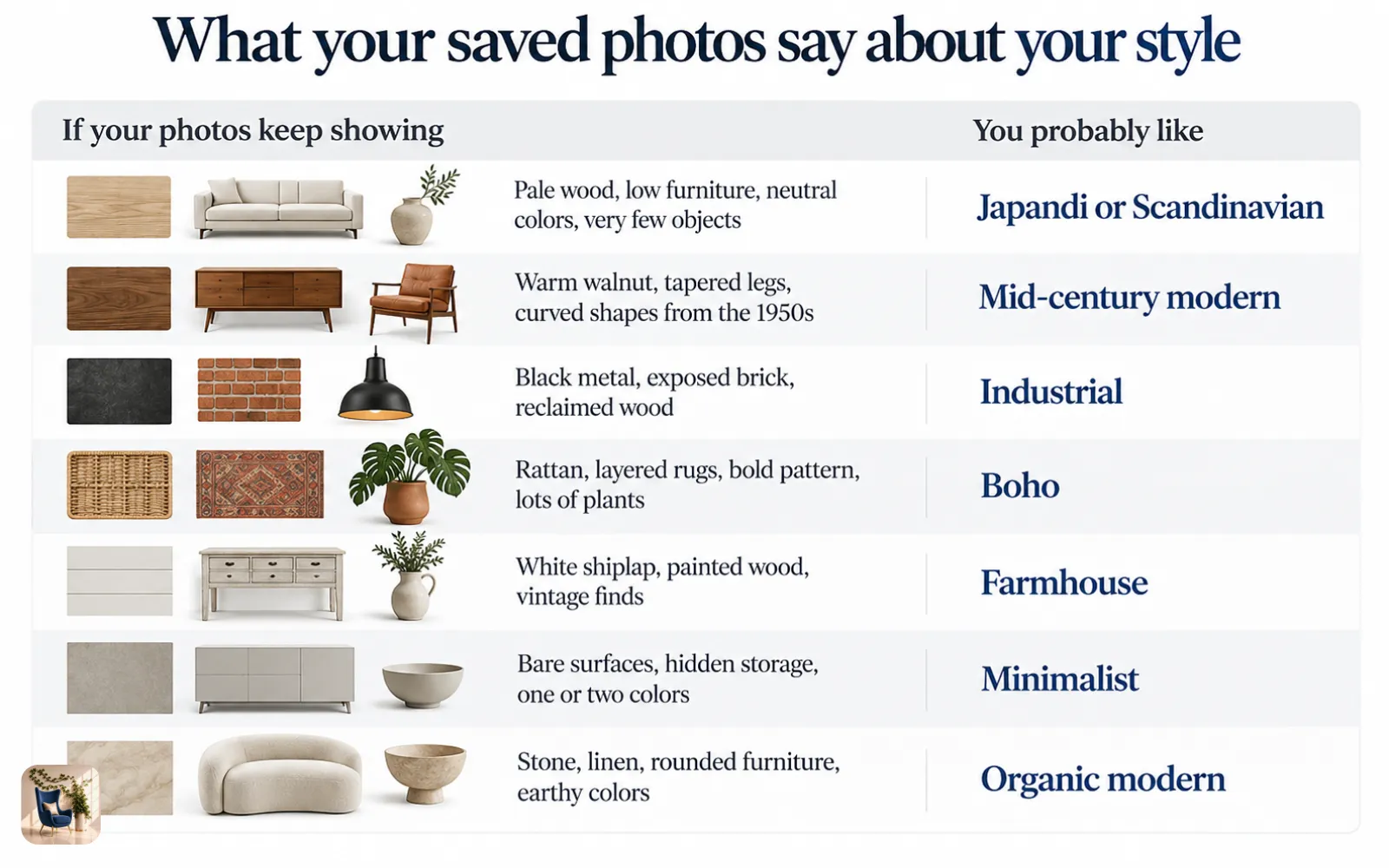 Chart matching details like pale wood or black metal to the interior design style each one points to