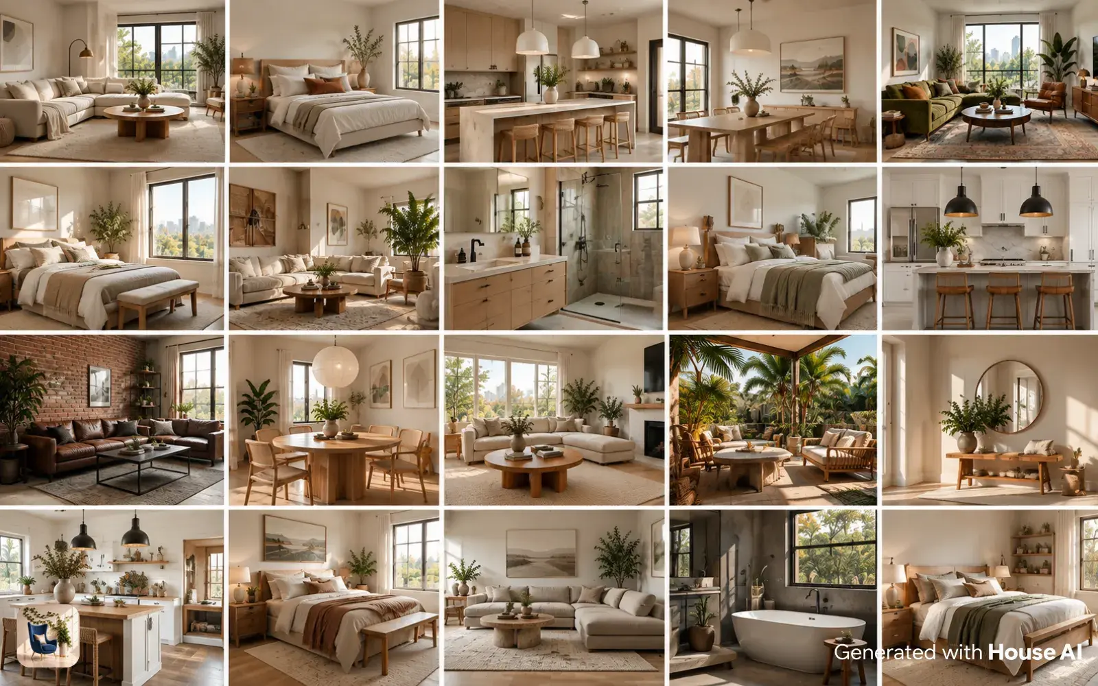 A mood board of 20 saved rooms, most with pale wood, low furniture, and neutral colors