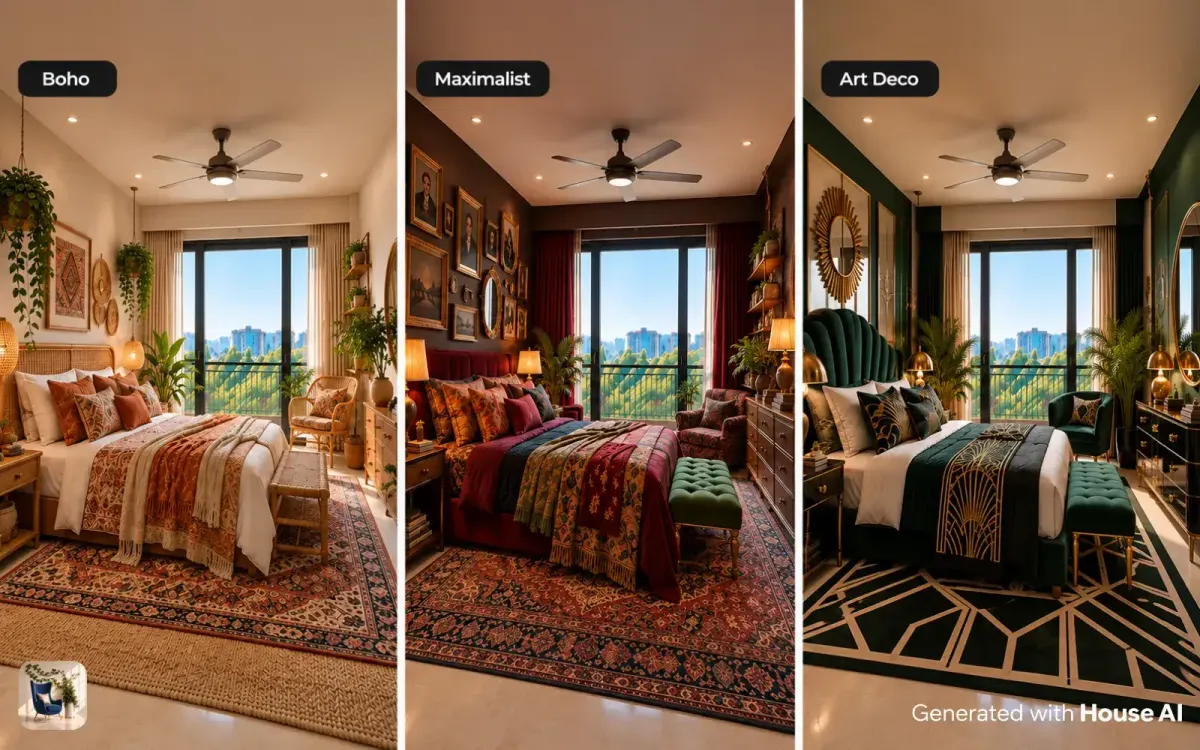 The same bedroom in boho, maximalist, and Art Deco styles, side by side with layered pattern in each
