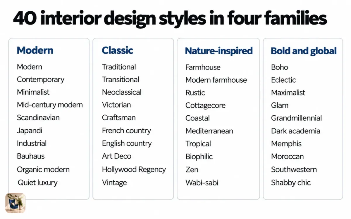 Diagram sorting 40 interior design styles into four families: modern, classic, nature-inspired, and bold