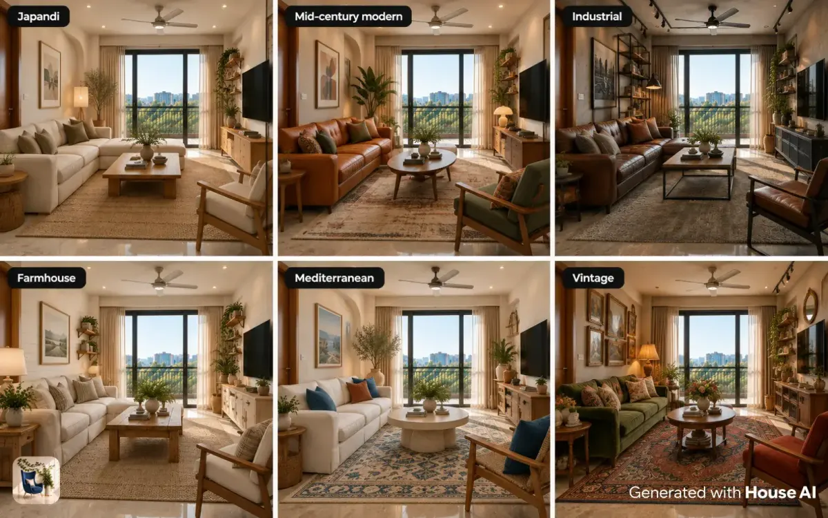 The same living room in six styles, from Japandi to vintage, with the window and walls in the same place