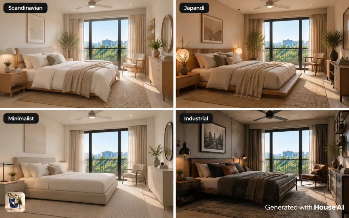 The same bedroom in Scandinavian, Japandi, minimalist, and industrial styles, shown in a grid