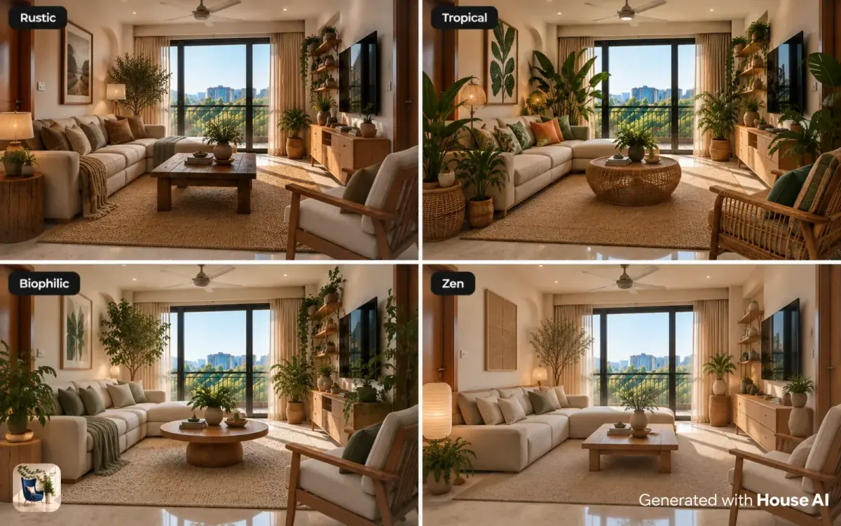 The same living room in rustic, tropical, biophilic, and Zen styles, with plants and natural wood in each