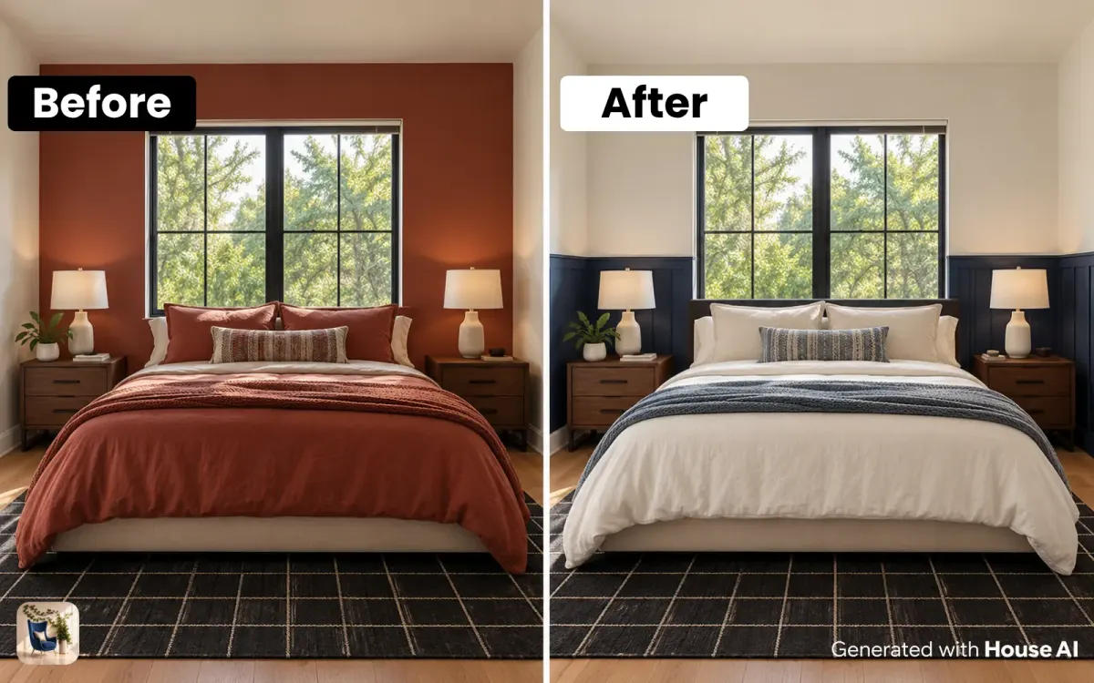 A bedroom before and after wainscoting is added to the lower wall behind the bed in a matte deep blue paint