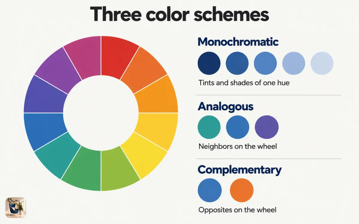 Diagram of a color wheel showing monochromatic, analogous, and complementary schemes with paint swatches