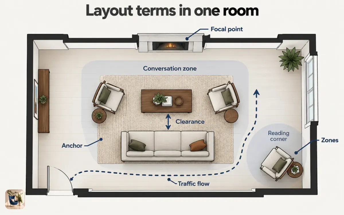 Floor plan diagram of a living room labeling the focal point, traffic flow, clearance, zones, and an anchoring rug
