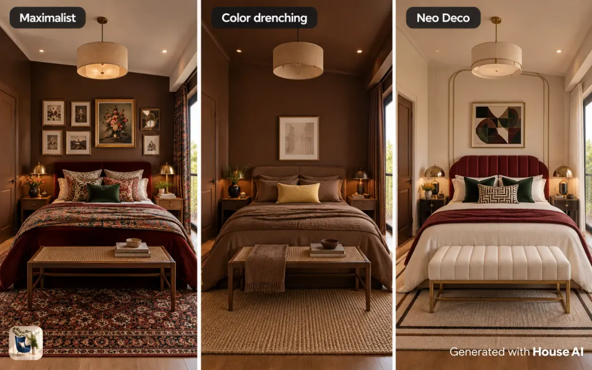 The same bedroom as a color-drenched brown room, a Neo Deco room, and a vintage room, side by side