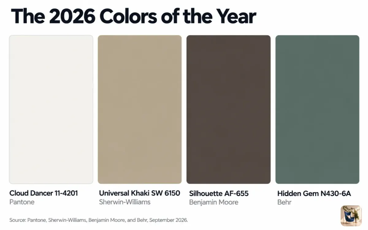 Four paint swatches for 2026 Colors of the Year: Cloud Dancer, Universal Khaki, Silhouette, and Hidden Gem