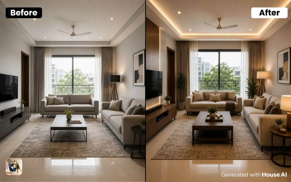Same room shown twice, once with a changed layout and once with only new furnishings