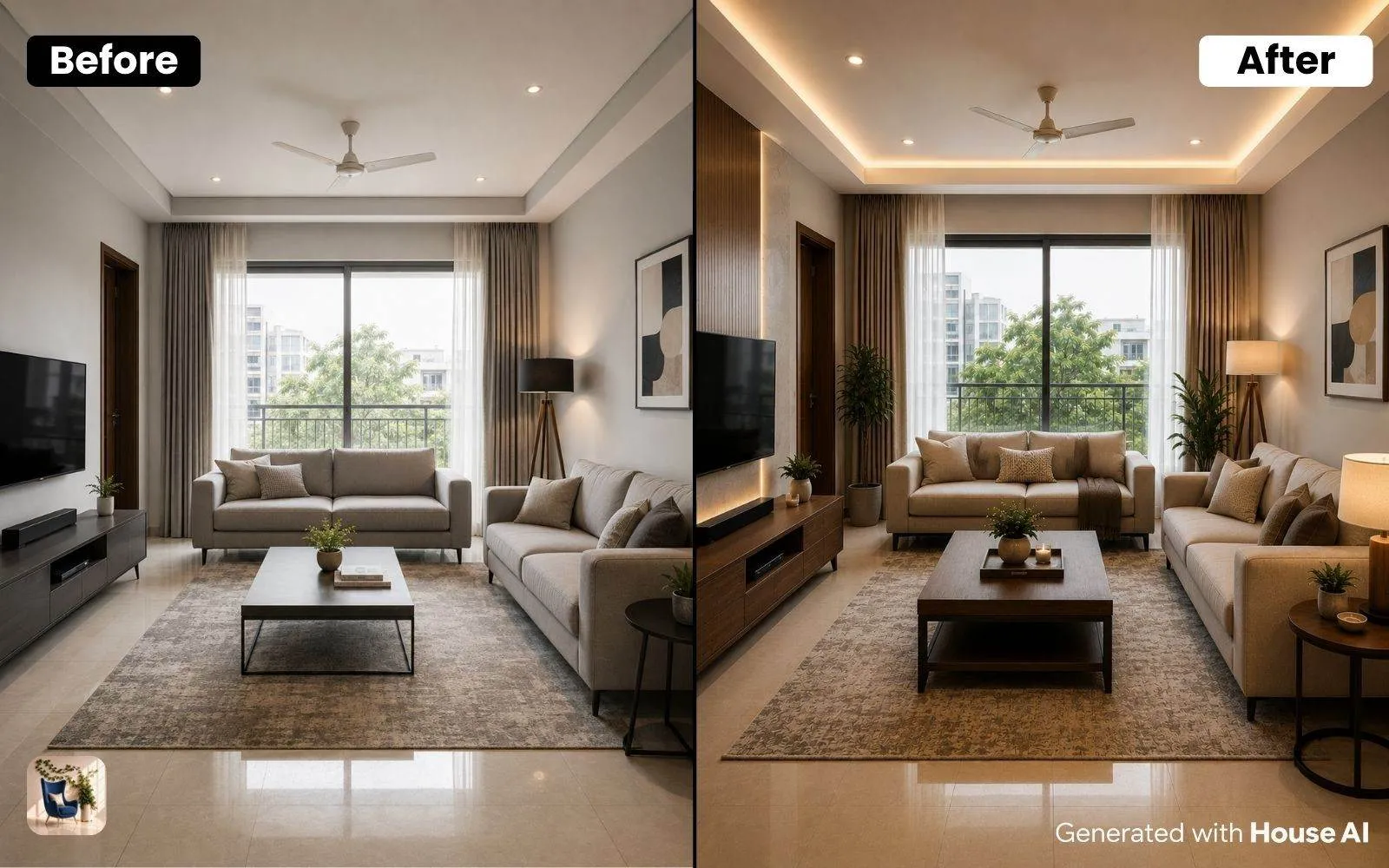 Same room shown twice, once with a changed layout and once with only new furnishings
