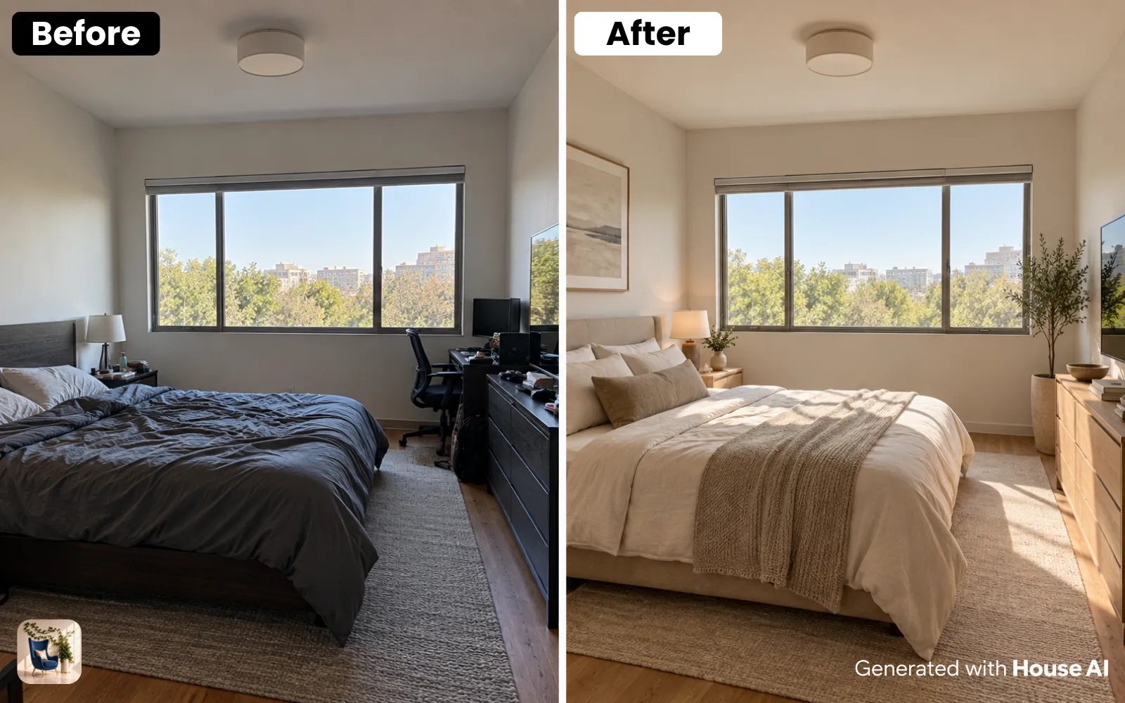 An apartment bedroom before and after a minimalist restyle, with the same window and bed wall