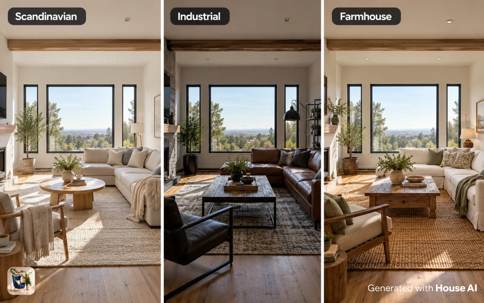 The same living room in Scandinavian, industrial, and farmhouse styles, side by side