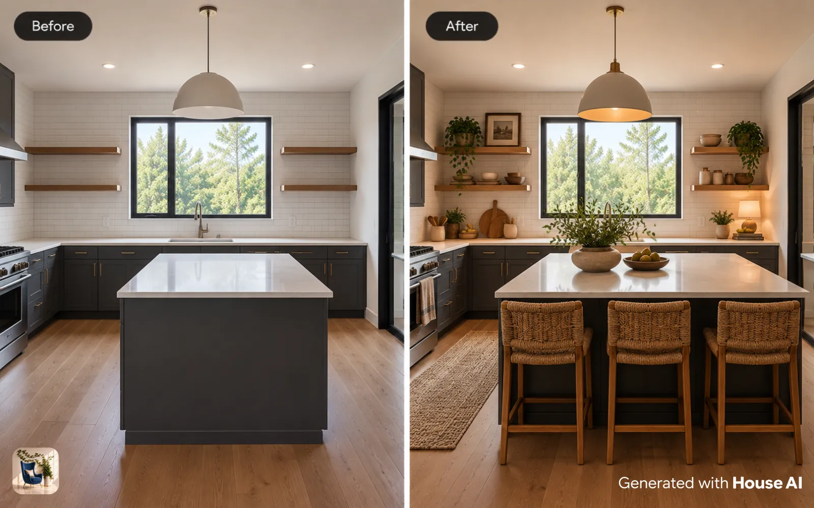 A living room before and after a decorating refresh, with the same walls and window but new colors, rug, and furniture