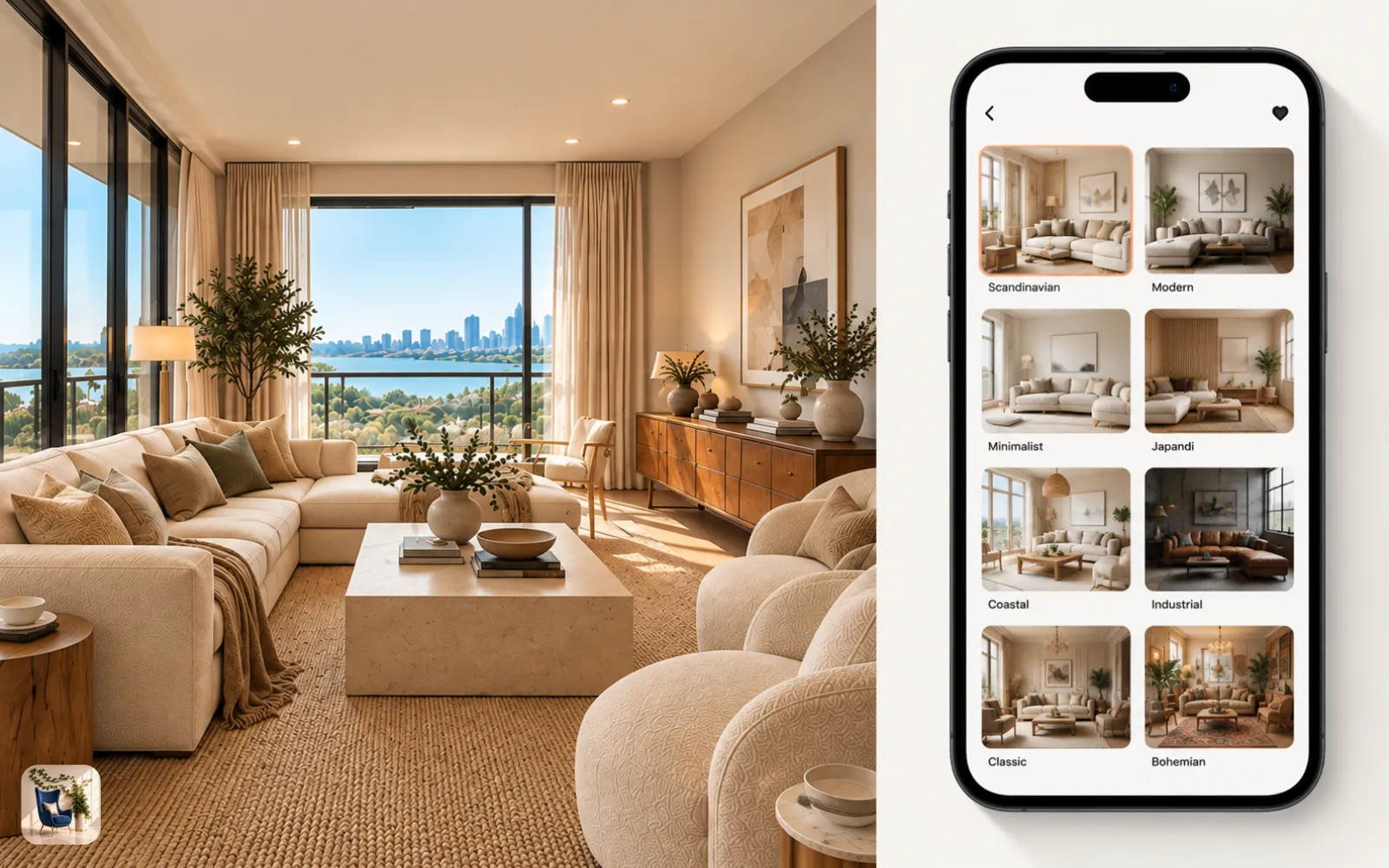 A phone screen showing a grid of room styles to choose from, next to a redesigned living room