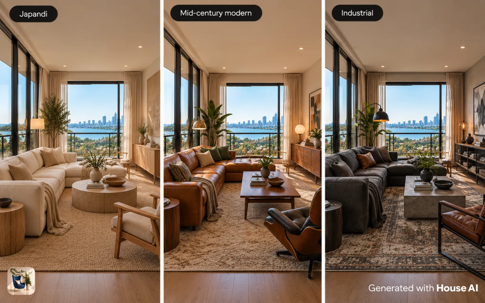 The same living room redesigned in Japandi, mid-century modern, and industrial styles, side by side