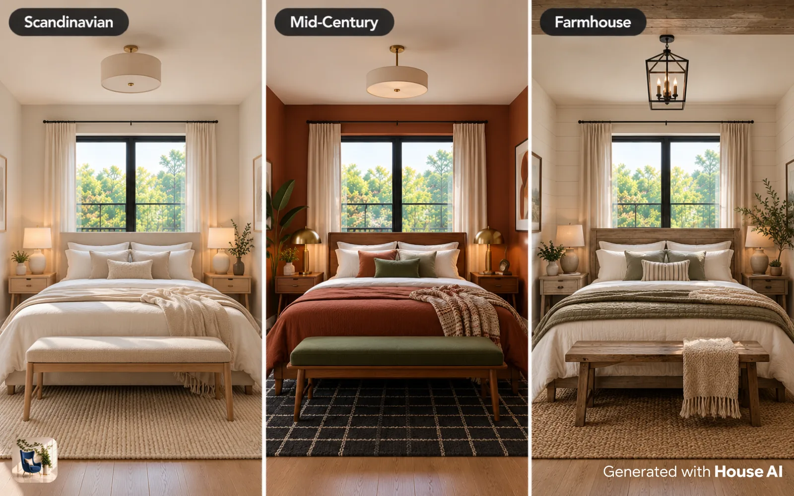 The same bedroom in Scandinavian, Mid-Century, and Farmhouse styles, side by side, before any money is spent