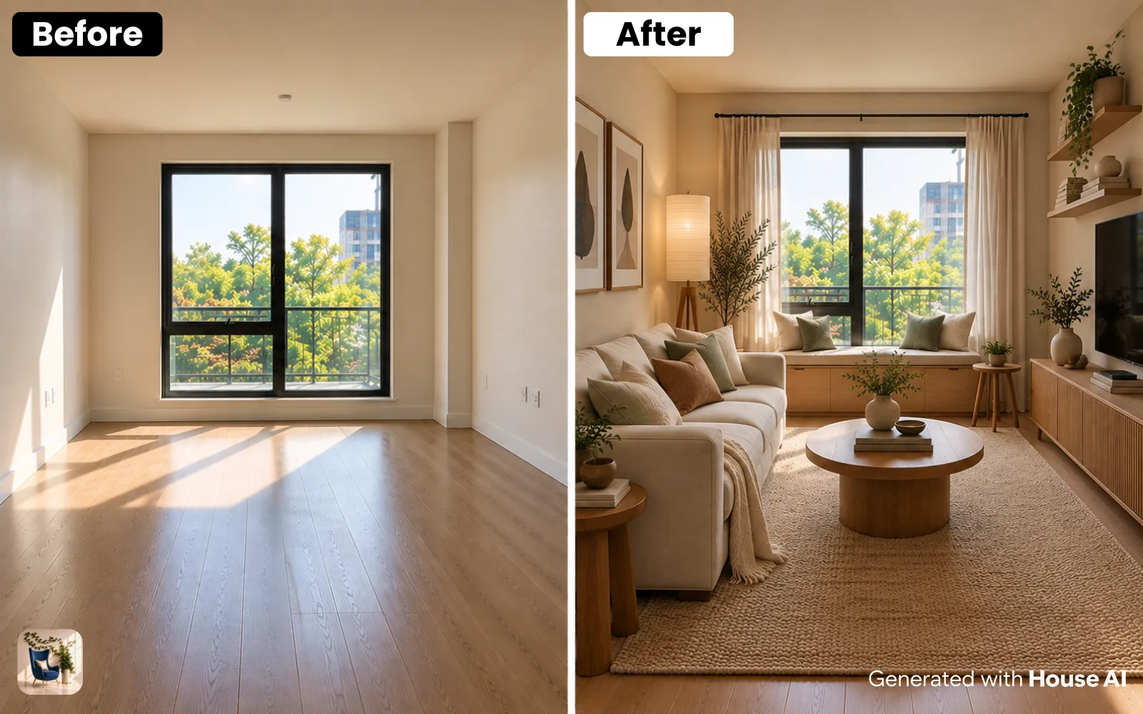 A living room before and after a Japandi restyle, with a new sofa, rug, and lighting by the same window