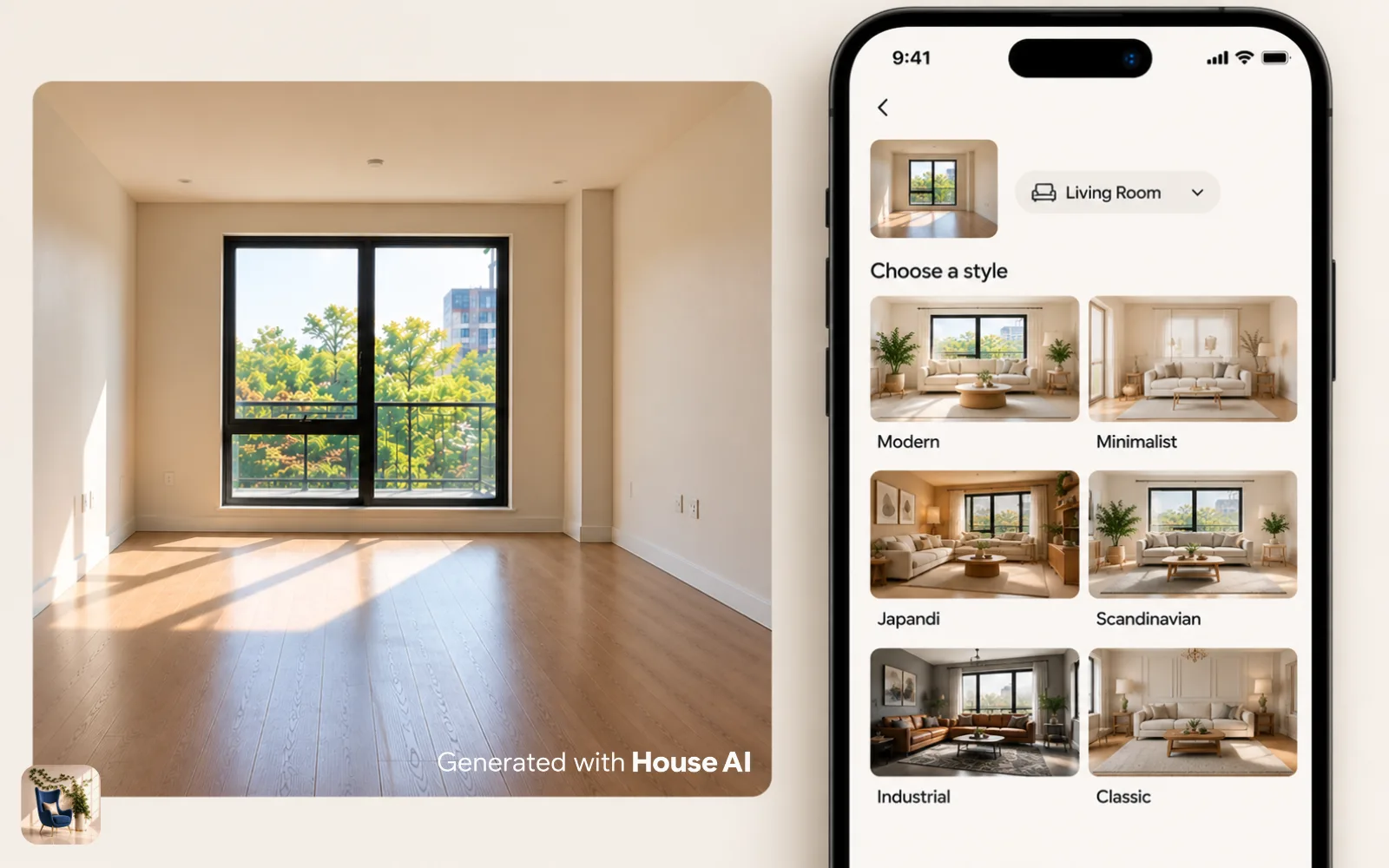 A phone screen showing a grid of interior design styles to choose from for a living room photo