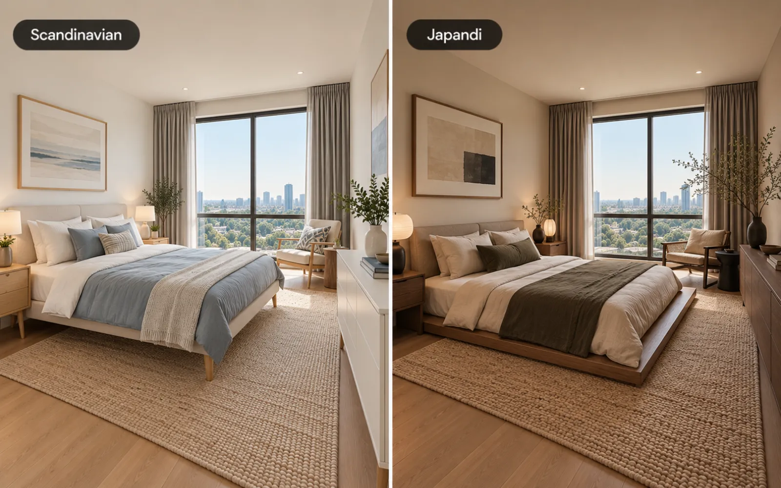 The same bedroom in Scandinavian and Japandi styles side by side, with a raised bed on legs and a low platform bed