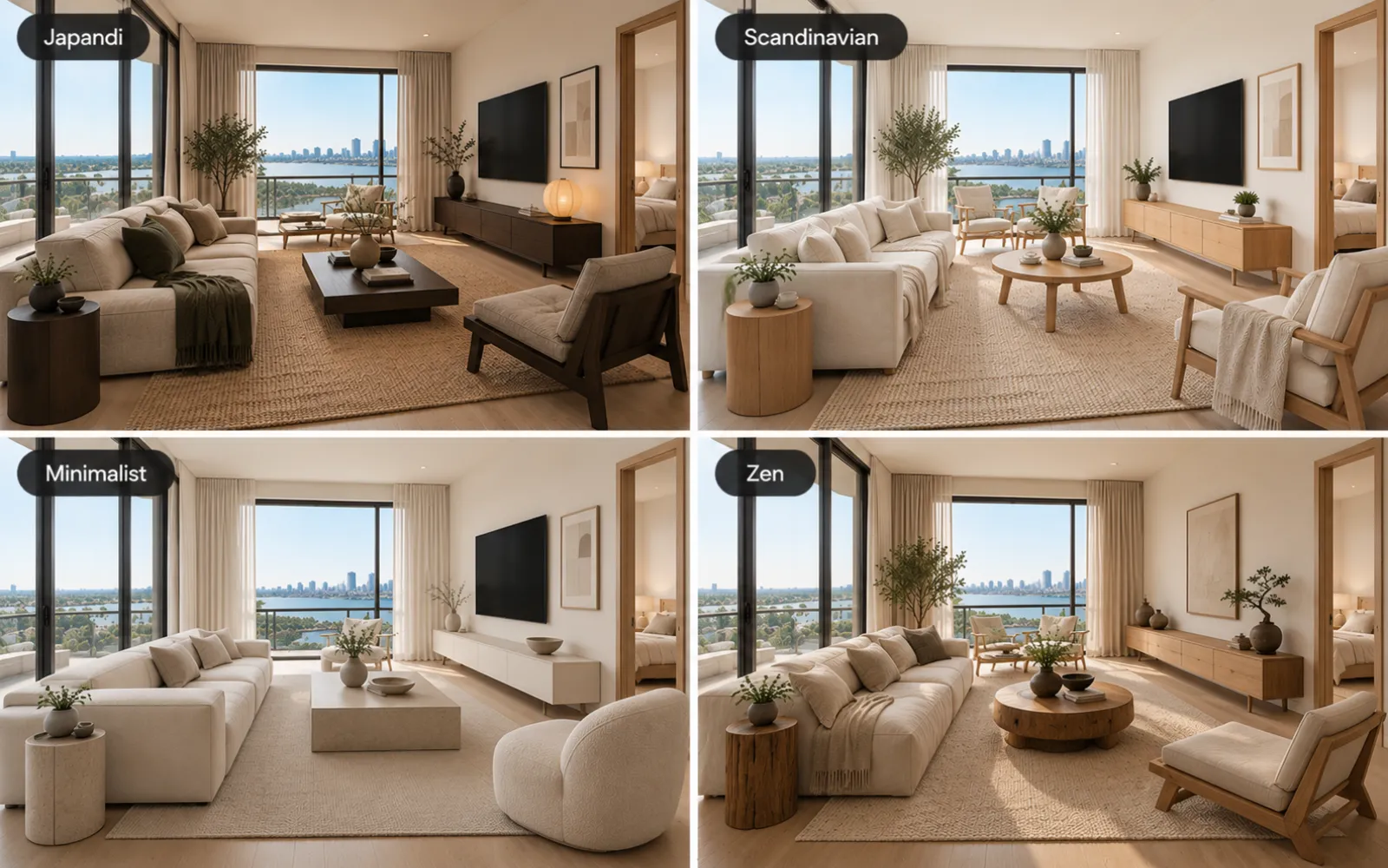 The same empty living room furnished in Japandi, Scandinavian, minimalist, and Zen styles, shown in a grid