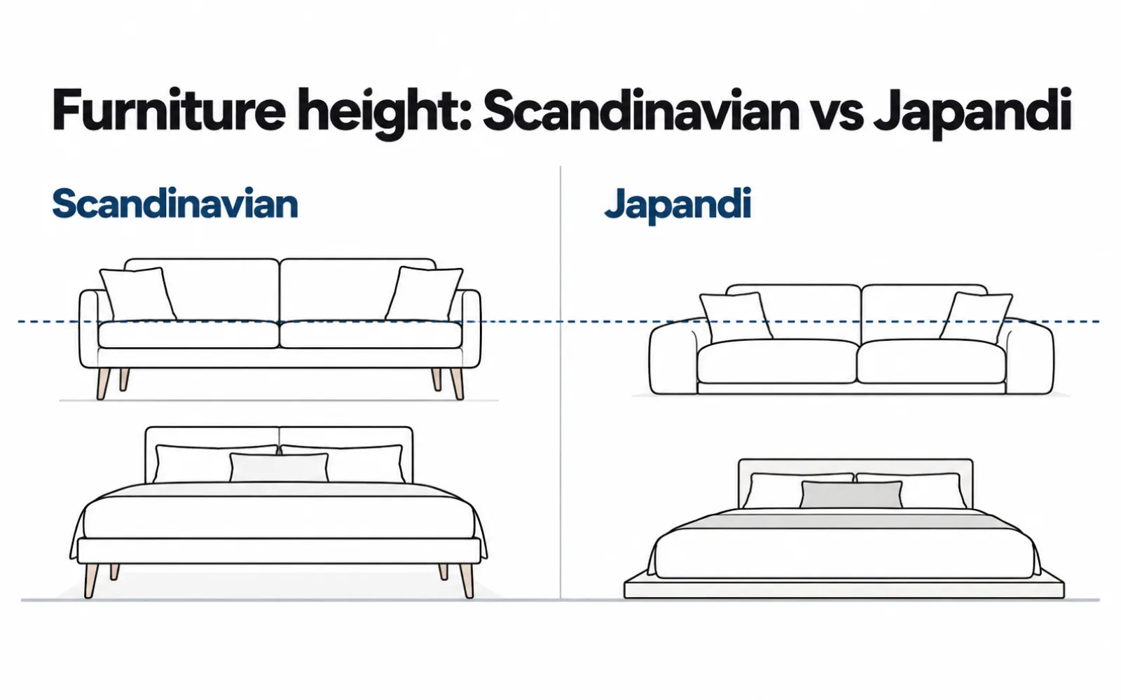 Line diagram comparing furniture height, with a Scandinavian sofa and bed on slim legs and lower Japandi versions