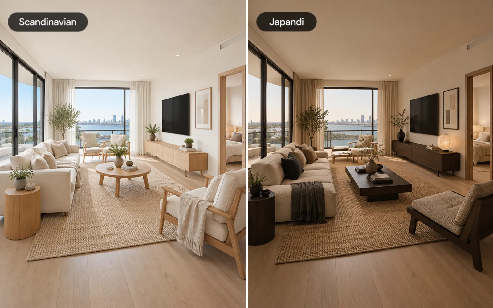 The same living room in Scandinavian and Japandi styles side by side, one white and bright, one lower and earthier