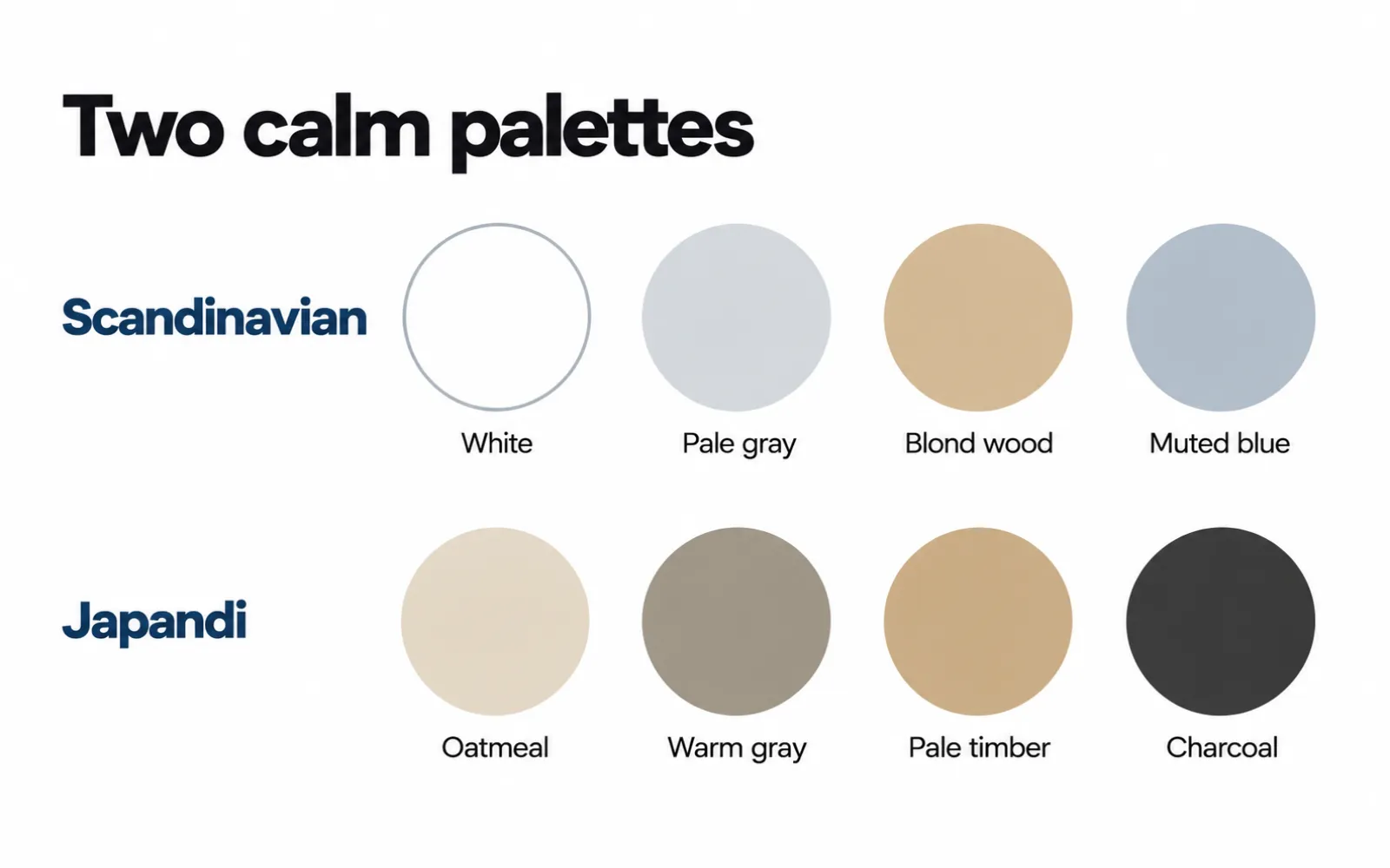 Diagram of two palettes: white, pale gray, and blond wood for Scandinavian; oatmeal, warm gray, and charcoal for Japandi