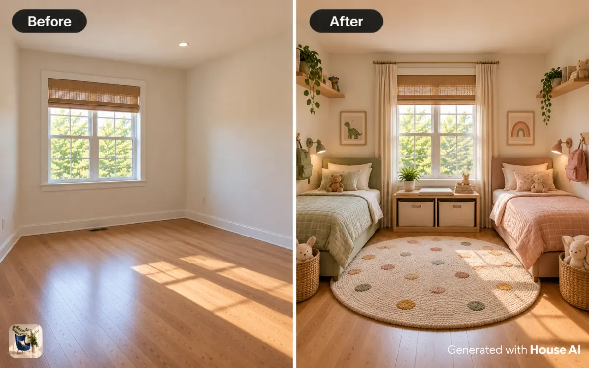 An empty bedroom before and after it becomes a shared kids room with two twin beds and a storage bench