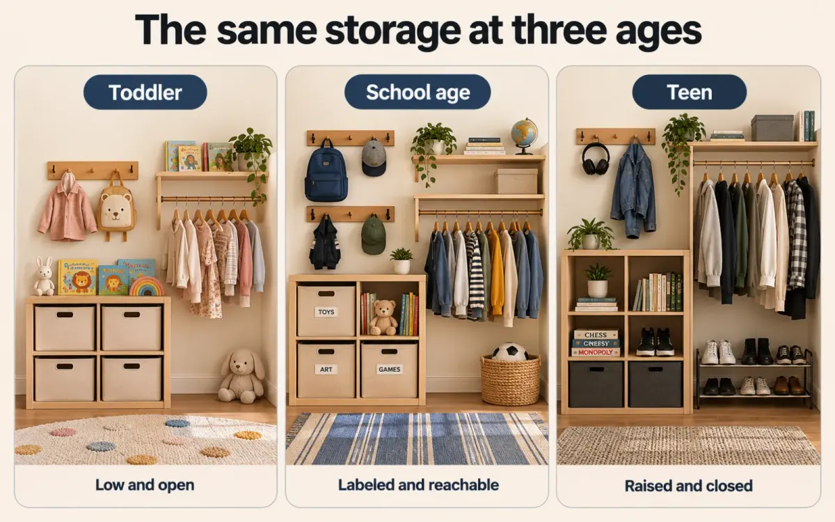 Diagram of the same cube shelf, hooks, and closet rod set up for a toddler, a school-age child, and a teen