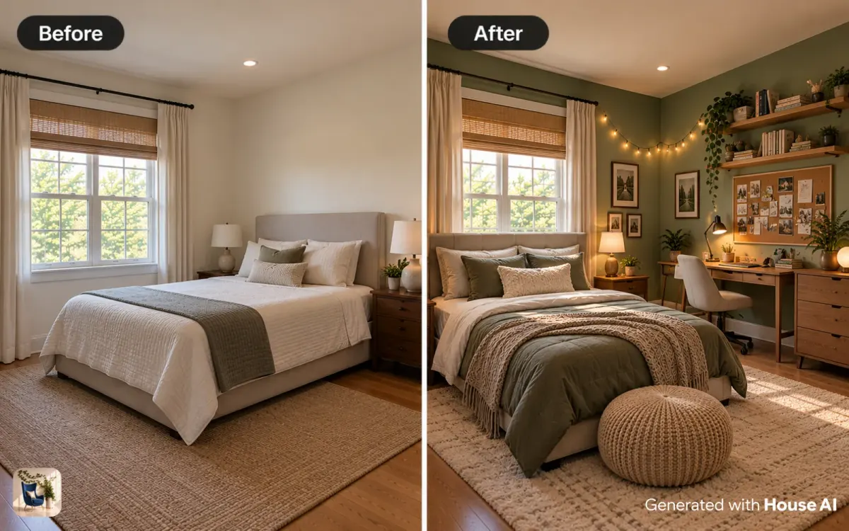 A bedroom before and after a teen makeover, with a full bed, a desk with a lamp, floating shelves, and sage walls