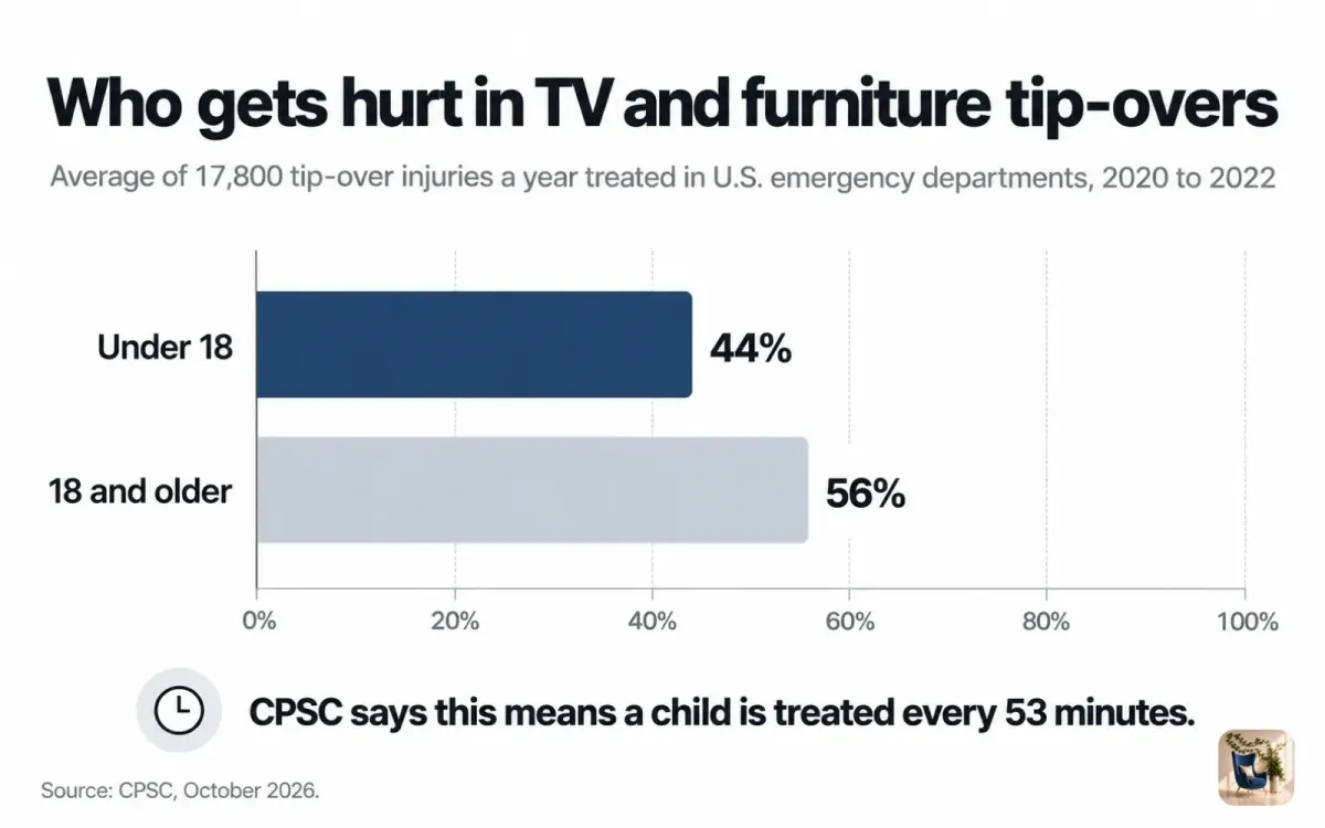 Bar chart of tip-over injury victims by age, 44% under 18 and 56% 18 or older, from 17,800 injuries a year