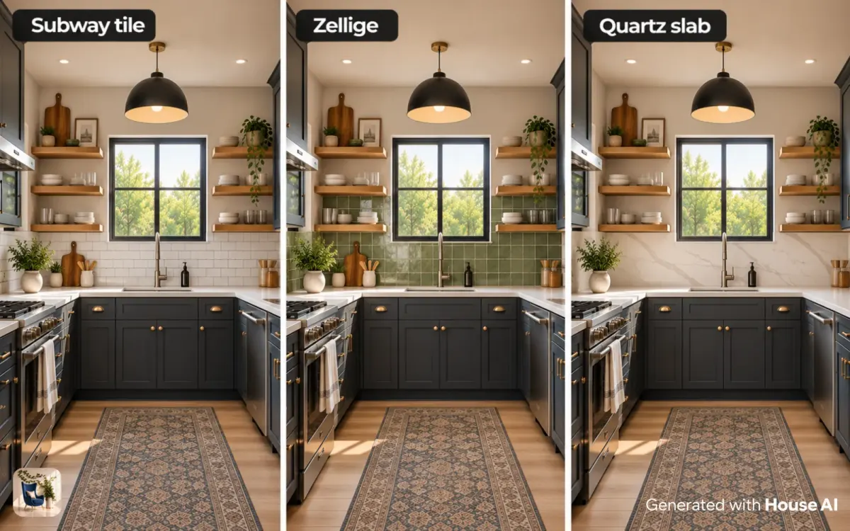 The same kitchen with white subway tile, green zellige tile, and a quartz slab backsplash, side by side