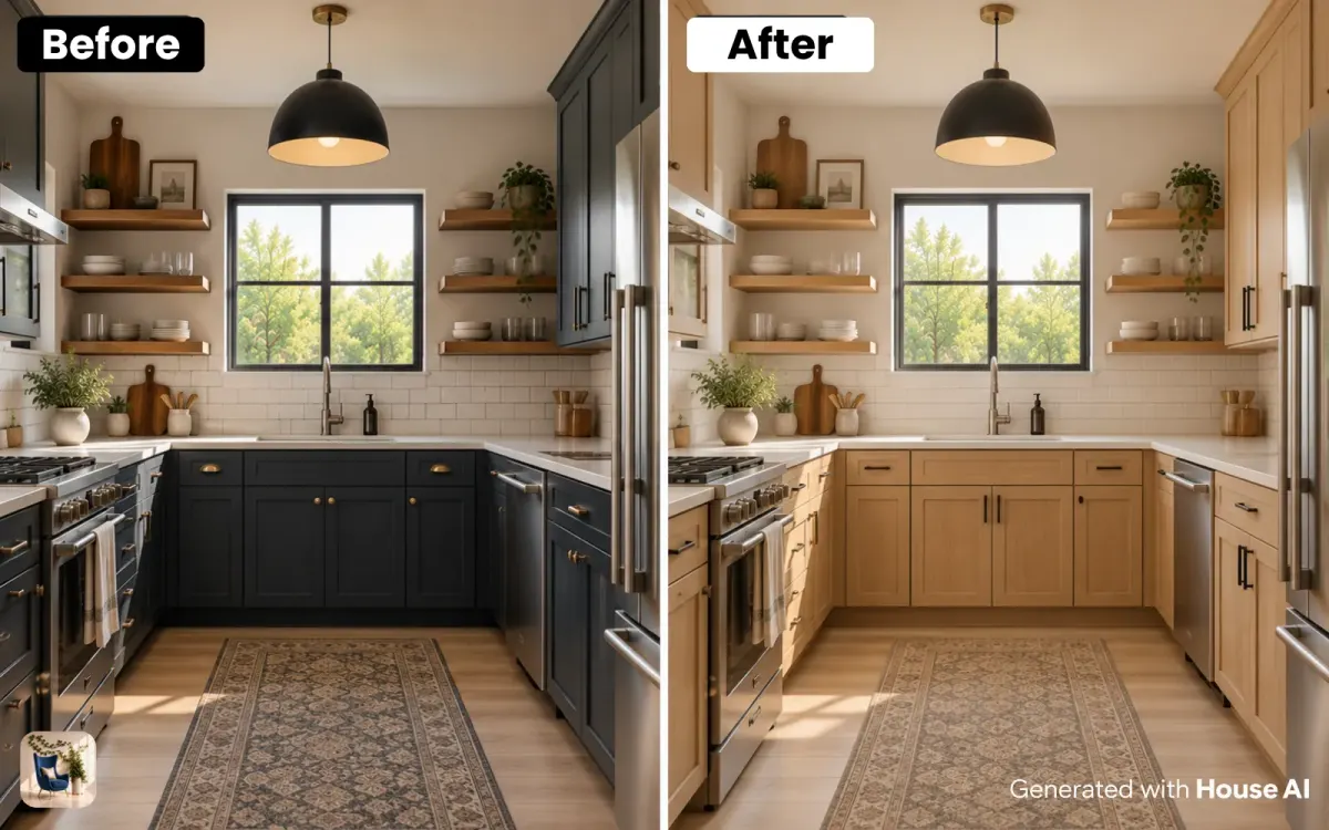 A dated kitchen before and after a Scandinavian redesign, with pale wood cabinets and the same window and layout