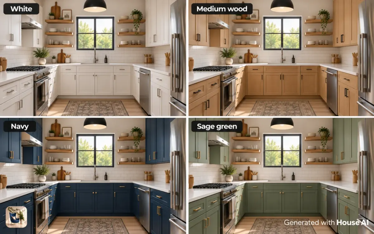 The same kitchen with white, medium wood, navy, and sage green cabinets in a grid, countertops and window unchanged
