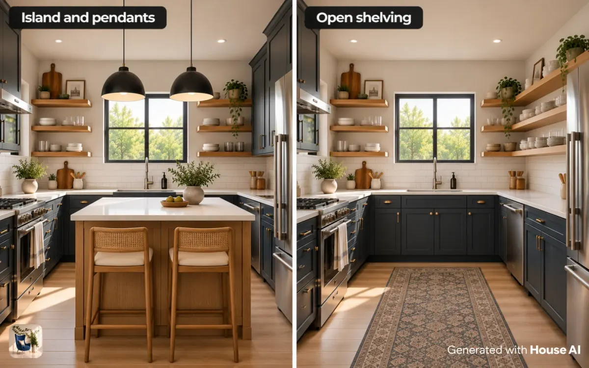 The same kitchen shown with a new island under two pendants, and again with open wood shelves in place of upper cabinets