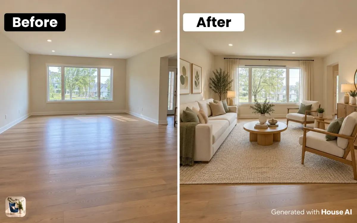 An empty living room before and after it is furnished, with a sofa facing two chairs across a rug