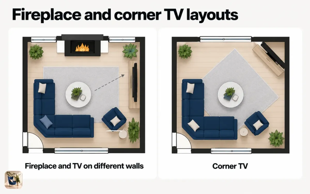 Two living room floor plans: seats angled between a fireplace and a TV, and a sectional facing a corner TV
