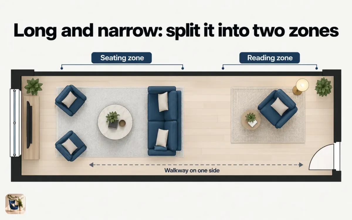 Top-down plan of a long narrow living room split into a seating zone and a reading zone, with the path on one side