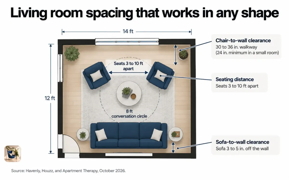 Floor plan chart of living room spacing, with 30 to 36 inch walkways and seats 3 to 10 feet apart