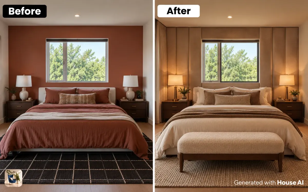 A bedroom before and after a luxury restyle, with an upholstered wall behind the bed and warm bedside lamps