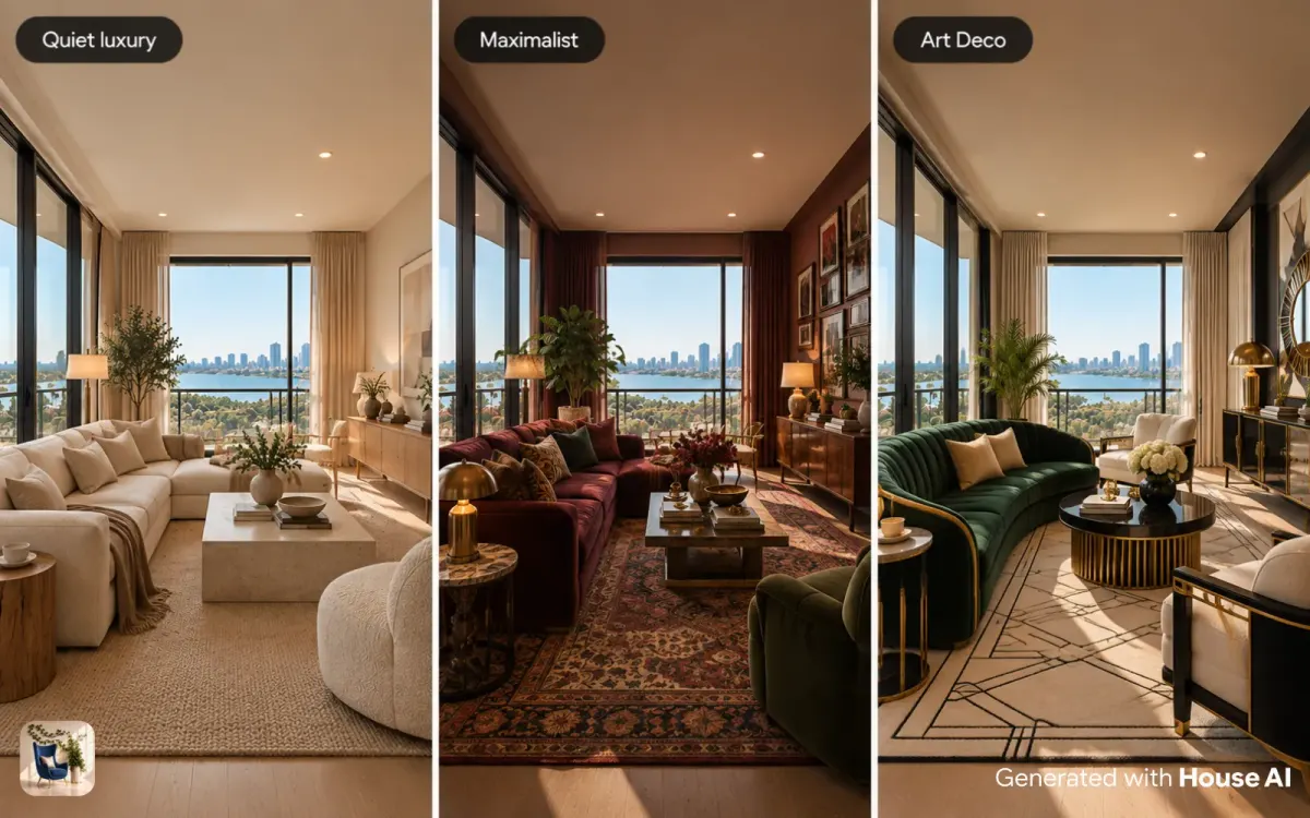 The same living room in quiet luxury, maximalist, and Art Deco styles, side by side, each rich in a different way