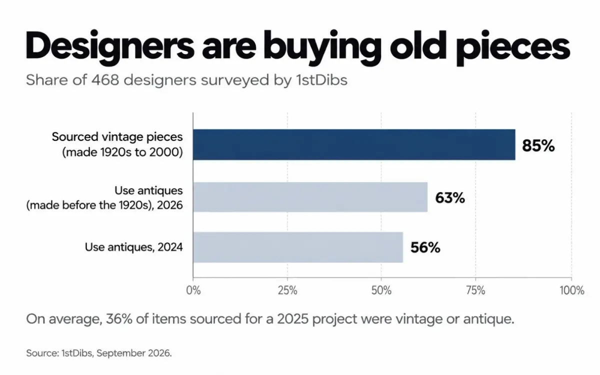 Bar chart of a designer survey: 85% sourced vintage pieces and 63% use antiques for 2026, up from 56% in 2024