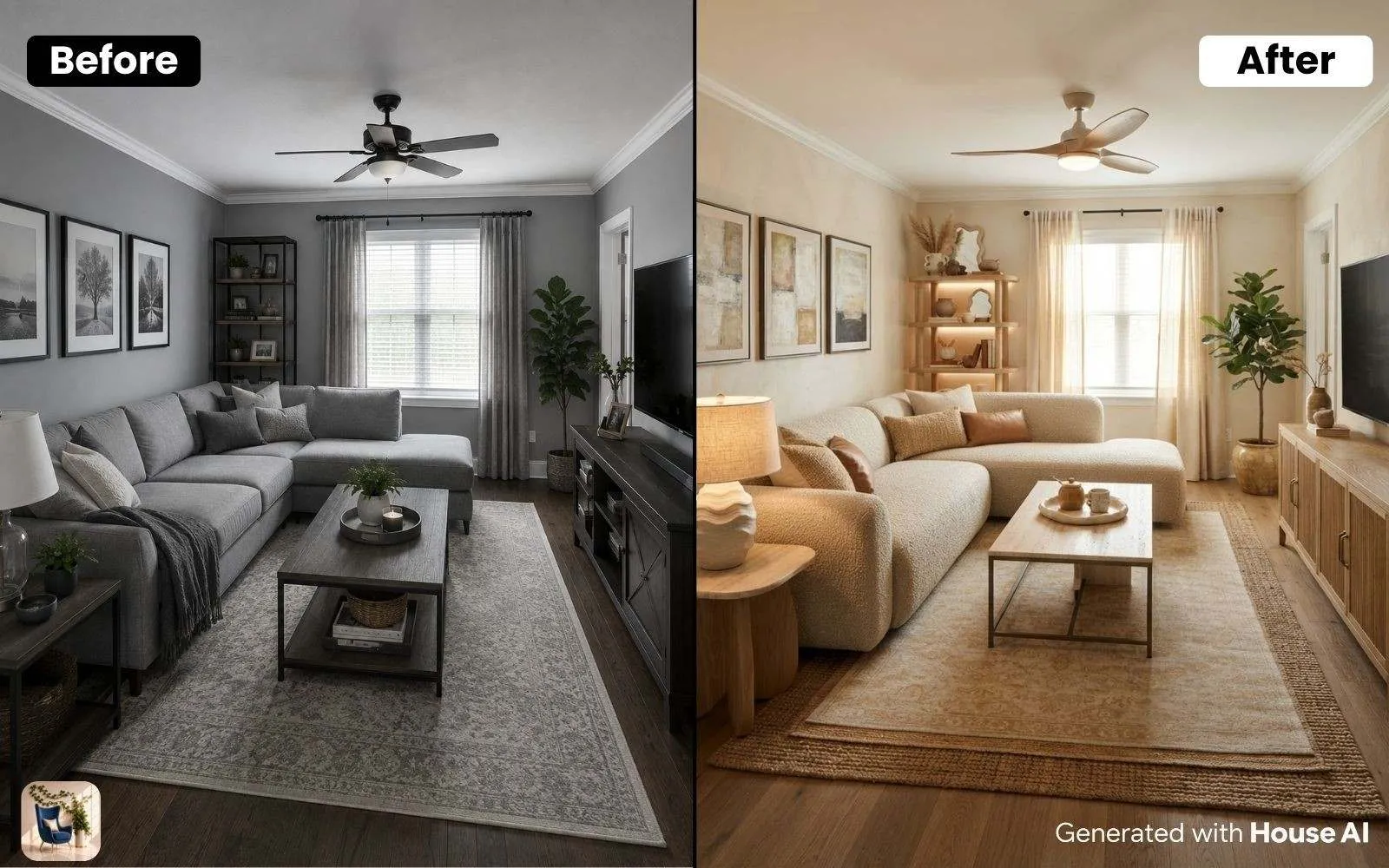 Cool grey millennial living room on the left, the same room in warm cream tones on the right