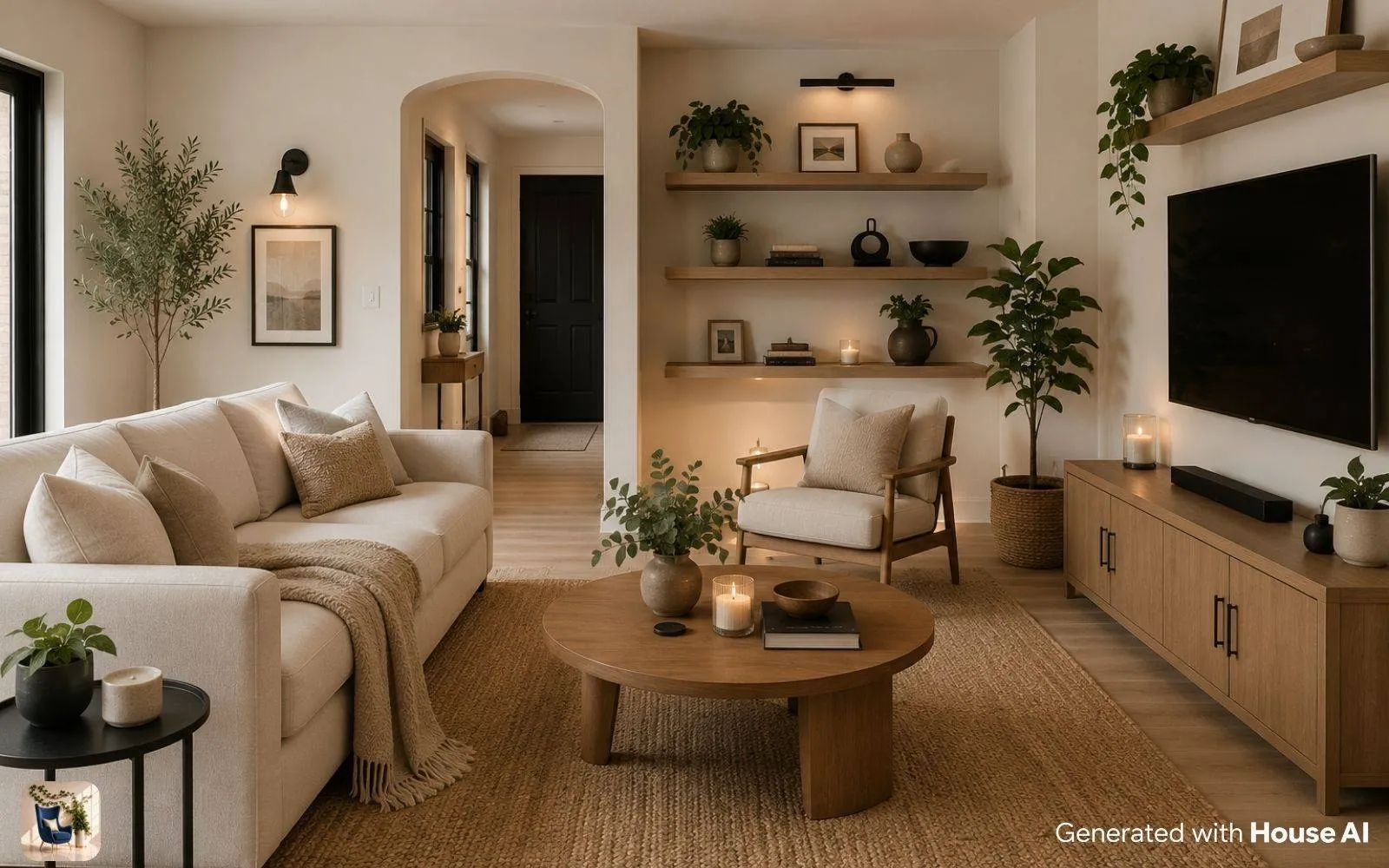 Warm minimalist living room with cream walls, matte black hardware, open shelving, and plants