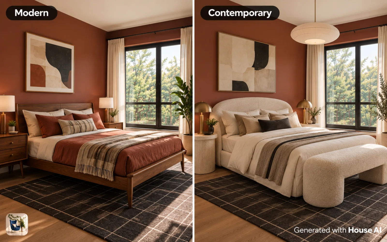 The same bedroom in modern and contemporary styles, with a walnut bed on the left and a curved headboard on the right